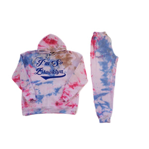 I’m So Brooklyn Tye Dye Sweatsuit/white, tan and royal blue